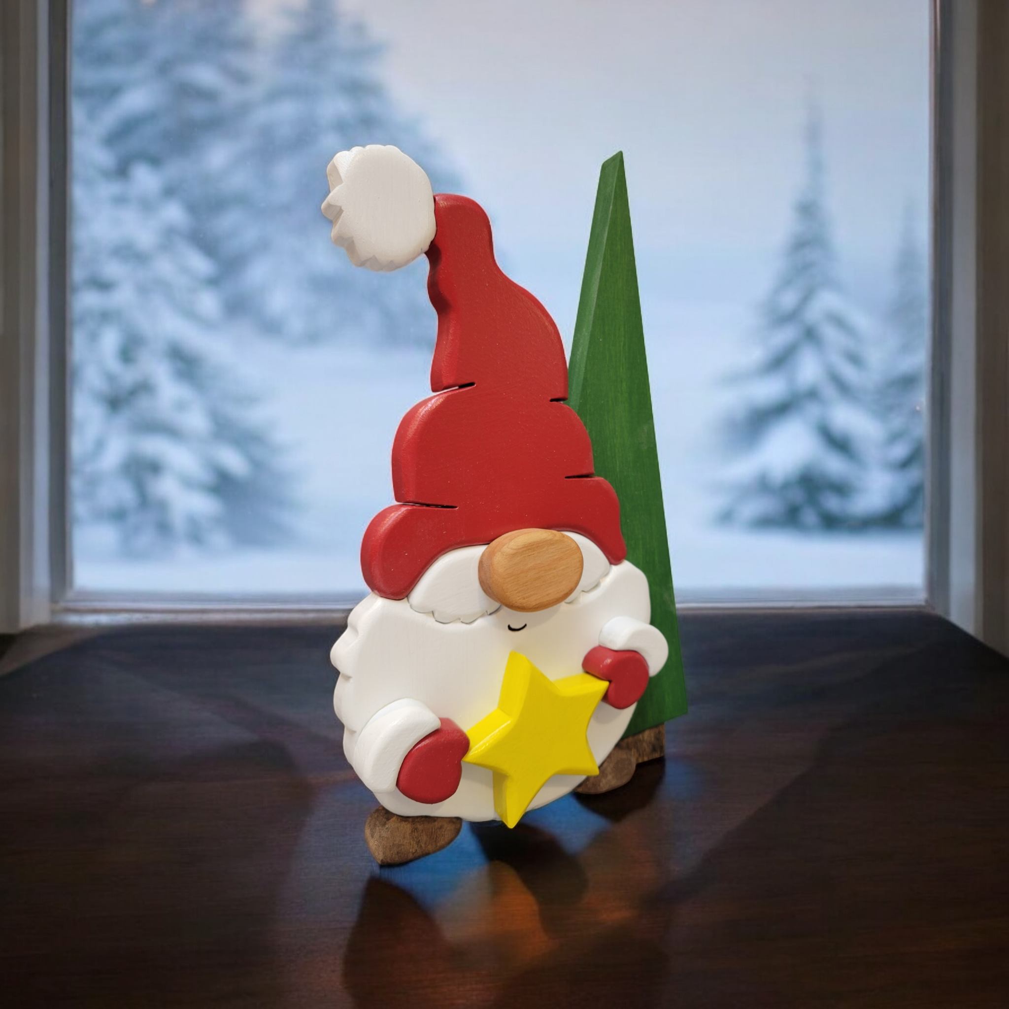 Christmas gnome with while beard, red hat and gloves, holding a yellow star, standing in front of a tall green tree.