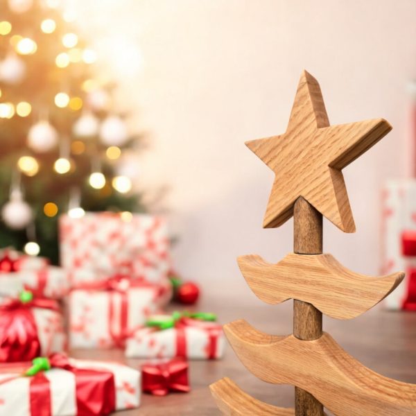 Star on top of a wooden tree sitting surrounded by Christmas decorations.