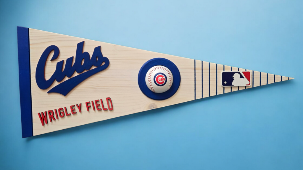 A wood triangular wall hanging pennant, with the Chicago Cubs logo, Major League Baseball logo, Wrigley Field logo and a real Cubs souvenir baseball.